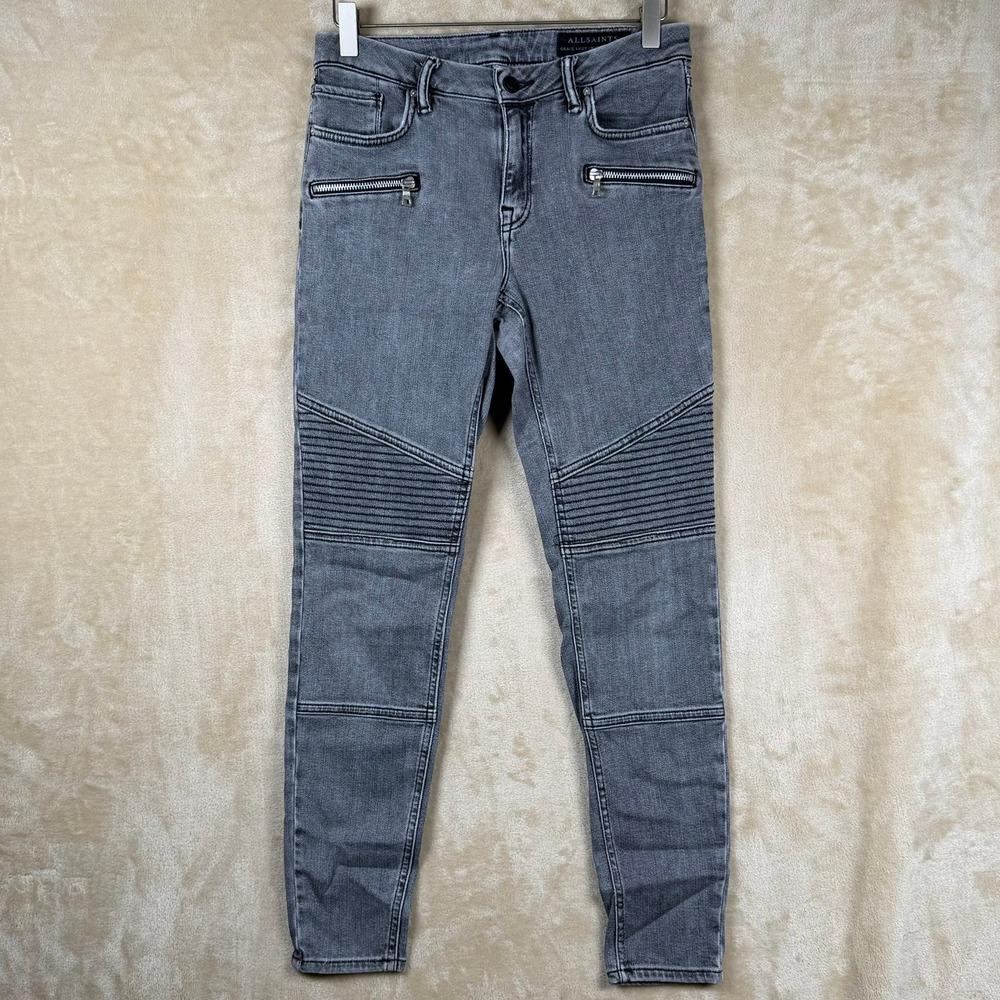 AllSaints Womens 27 Grace Biker Skinny Jeans Grey Washed Moto Ribbed Rocker Edgy